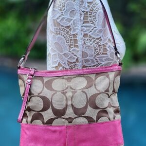 Coach Pink and Khaki Women's Bag-Zipper Is Sticking. Does Work. Clearance Price.